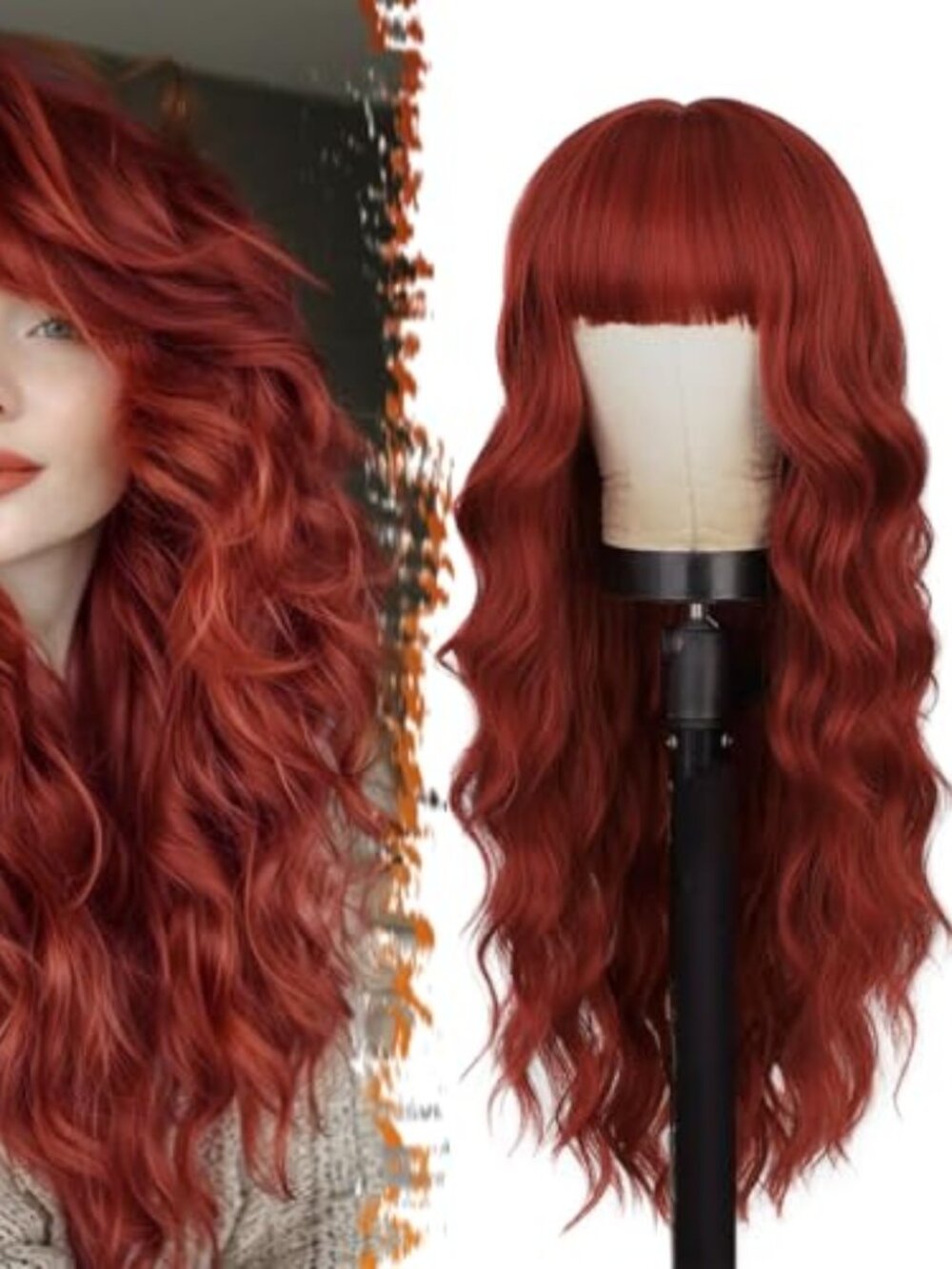26 Inch Long Wavy Copper Red Bangs Wig Natural Looking Synthetic
